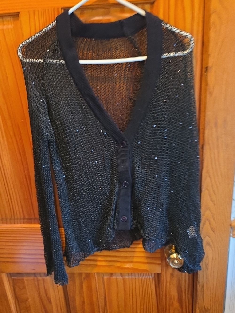 Black Sequin Lightweight V-Neck Button Cardigan